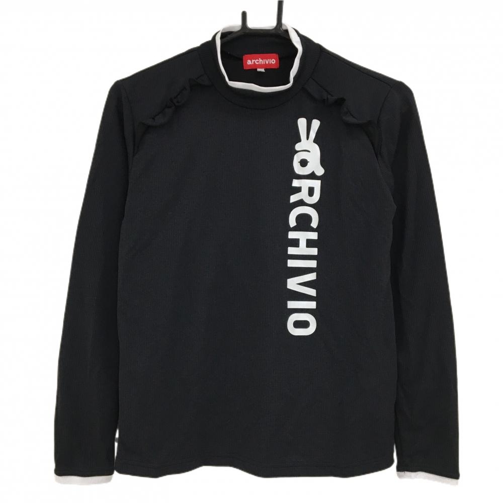 【超美品】アルチビオ 長袖ハイネックシャツ 黒×白 ビッグロゴ 肩フリル レディース 36(S) ゴルフウェア archivio