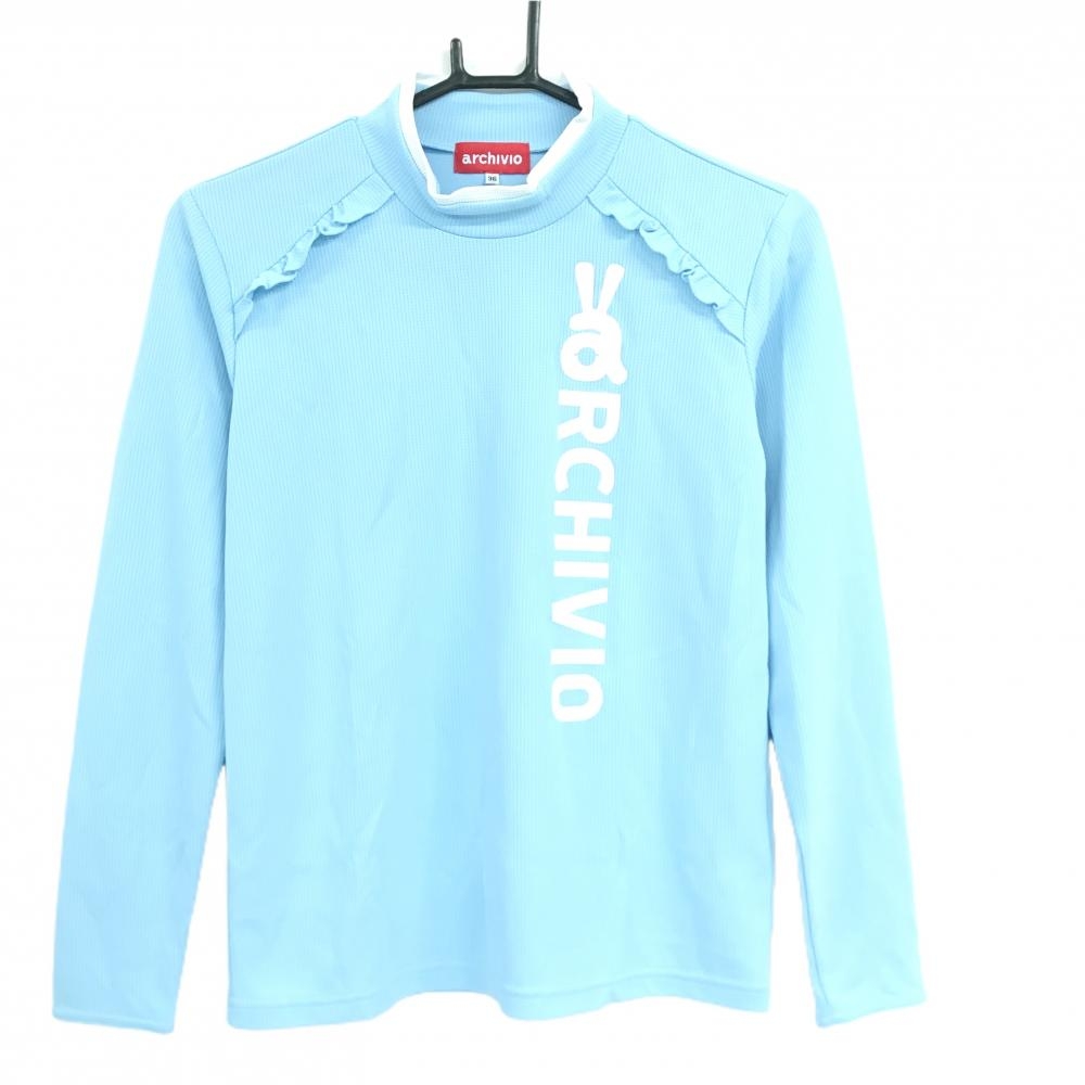 【美品】アルチビオ 長袖ハイネックシャツ ライトブルー×白 ビッグロゴ 肩フリル  レディース 36(S) ゴルフウェア archivio