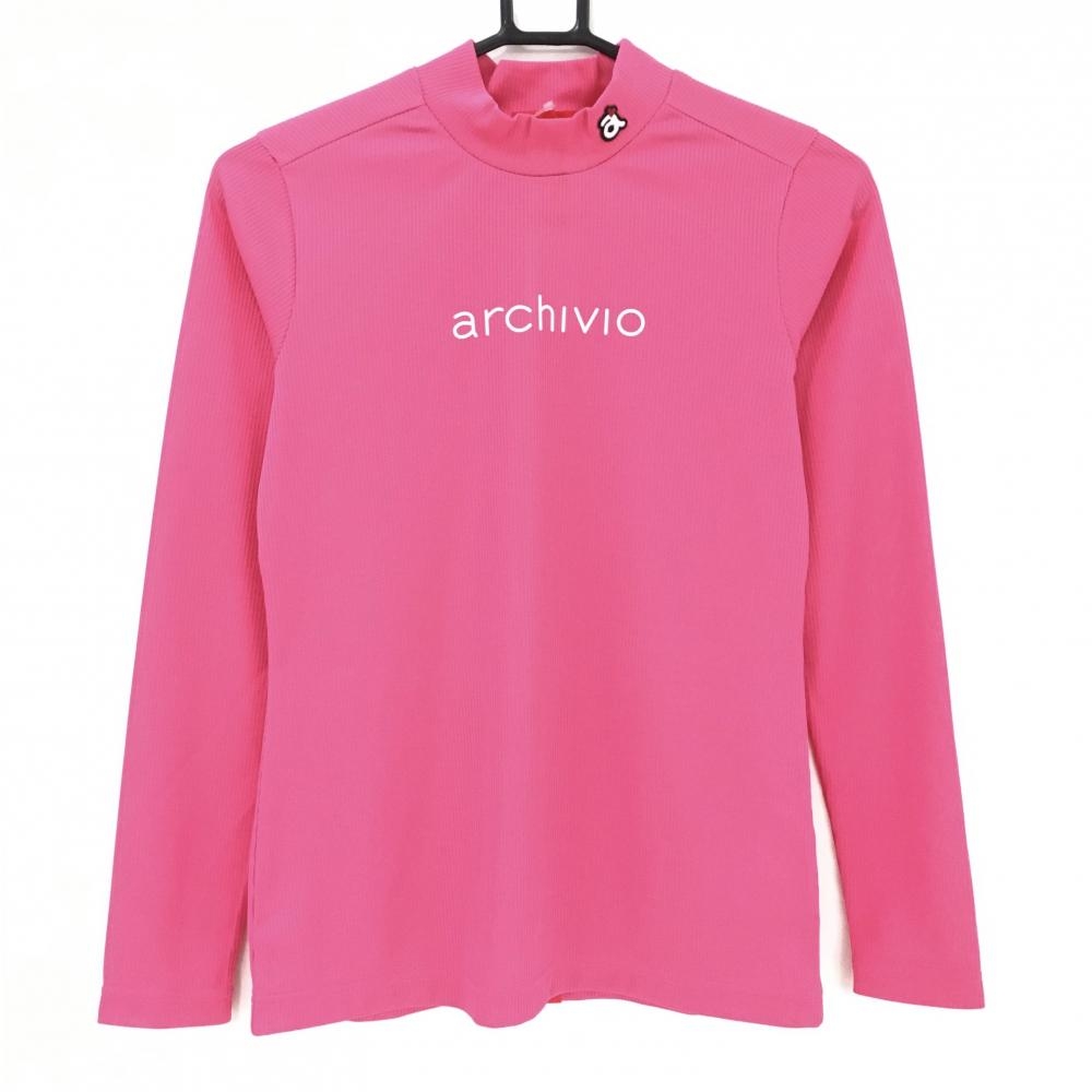 【超美品】アルチビオ 長袖ハイネックシャツ ピンク×白 フロントロゴ  レディース 36(S) ゴルフウェア archivio
