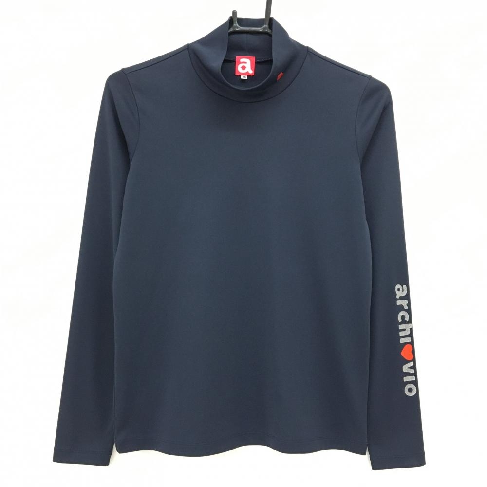 【美品】アルチビオ 長袖ハイネックシャツ ネイビー 袖ロゴシルバー レディース 36(S) ゴルフウェア archivio