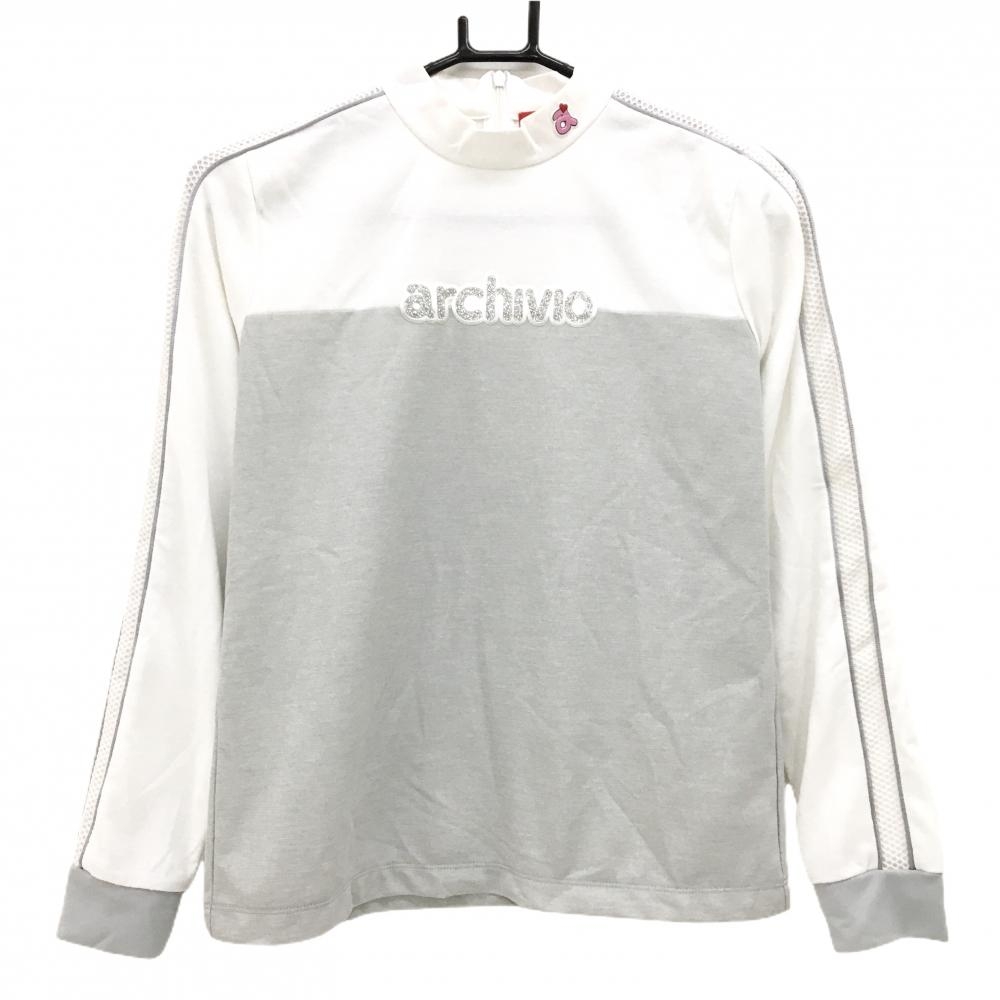 【美品】アルチビオ 長袖ハイネックシャツ 白×グレー ロゴシルバーラメ 背面ハーフジップ レディース 38(M) ゴルフウェア archivio