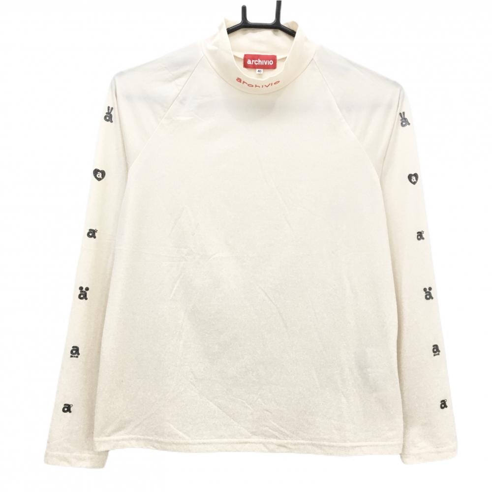 【超美品】アルチビオ 長袖ハイネックシャツ ベージュ 袖ラメ入りロゴ レディース 40(L) ゴルフウェア archivio
