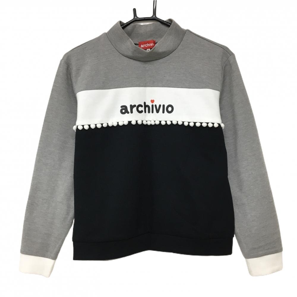アルチビオ 長袖ハイネックシャツ グレー×黒×白 前面3トーンカラー ボンボン  レディース 38(M) ゴルフウェア archivio