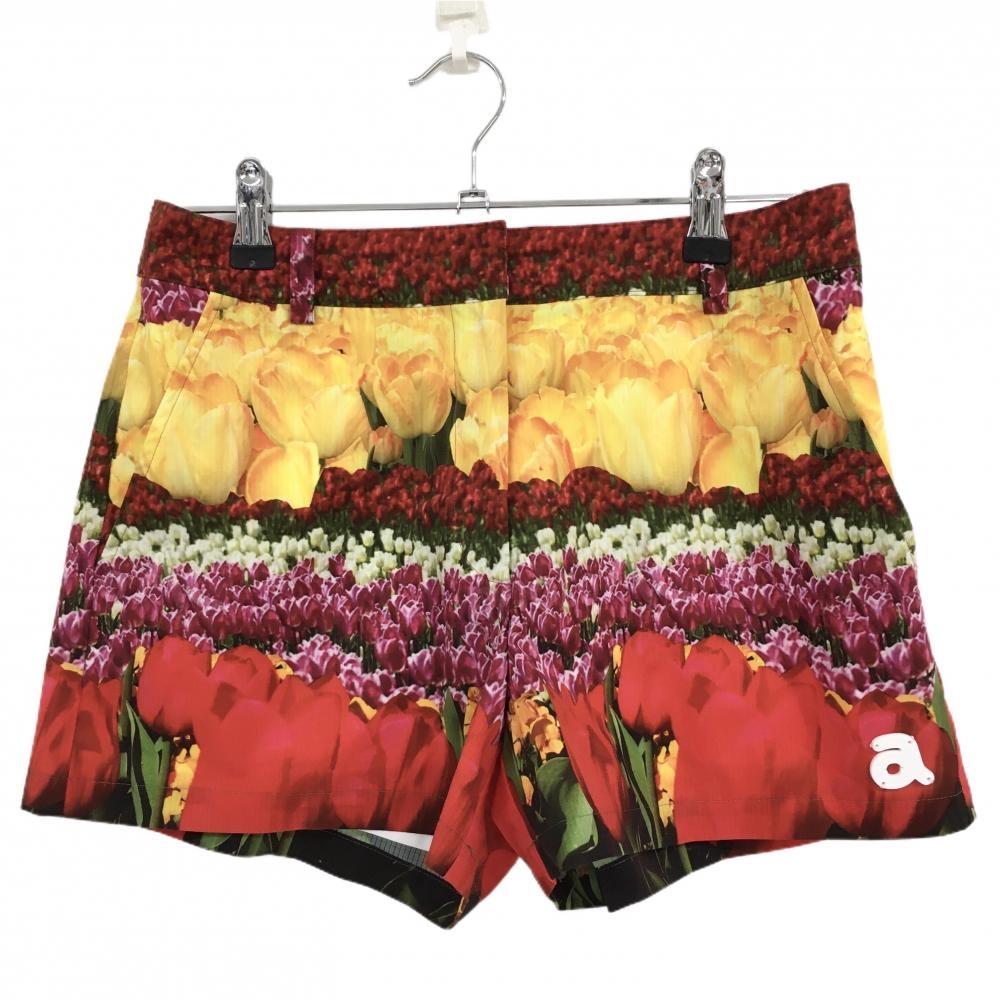 【超美品】アルチビオ ショートパンツ レッド×イエロー×グリーン チューリップ総柄 裏地付き レディース 38(M) ゴルフウェア archivio