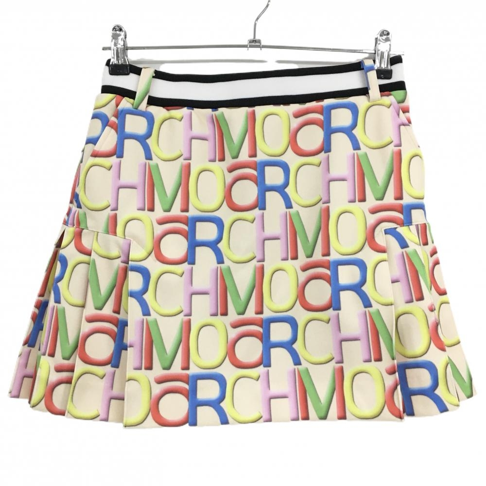 【超美品】アルチビオ スカート ベージュ×マルチカラー 英字柄 サイドプリーツ ウエストゴム レディース 36(S) ゴルフウェア archivio