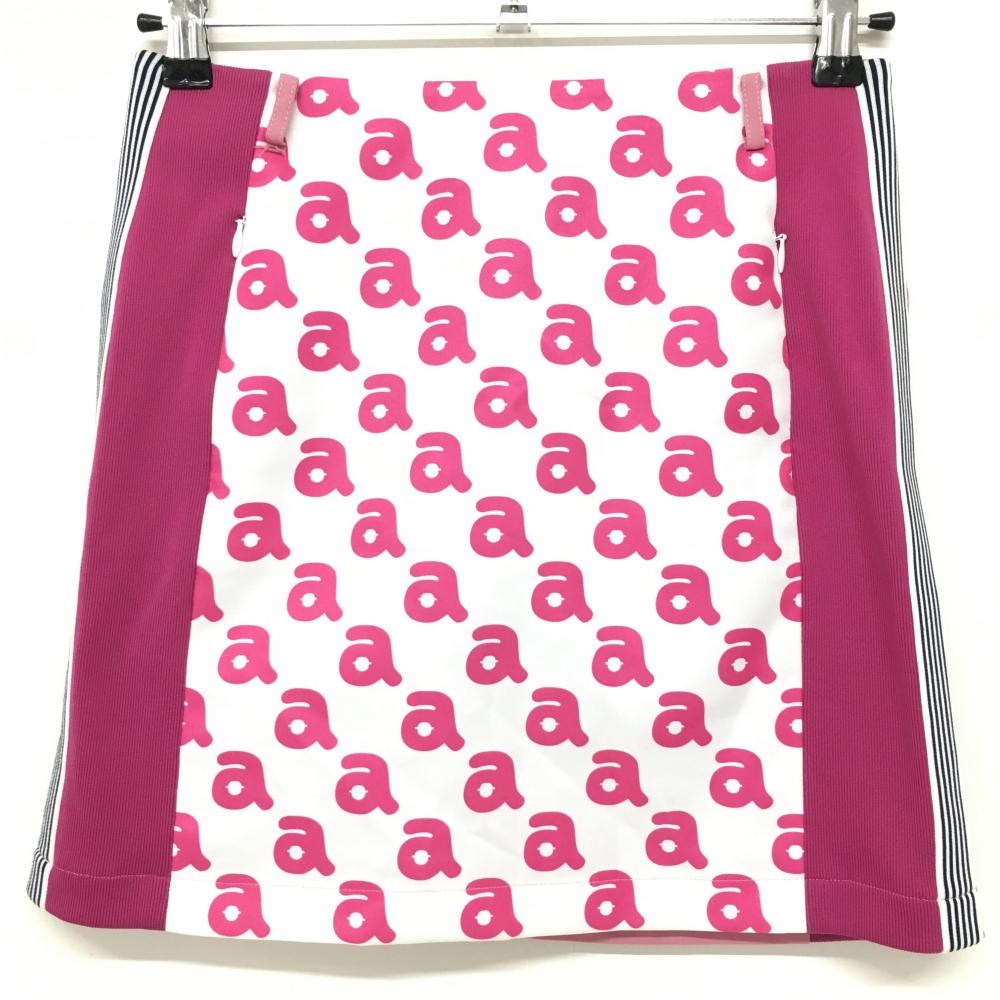 【美品】アルチビオ スカート 白×ピンク ロゴ総柄 サイドリブ×ライン レディース 36(S) ゴルフウェア archivio