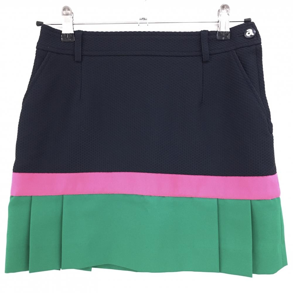 【超美品】アルチビオ スカート ネイビーグリーン×ピンク 裾プリーツ レディース 36(S) ゴルフウェア archivio