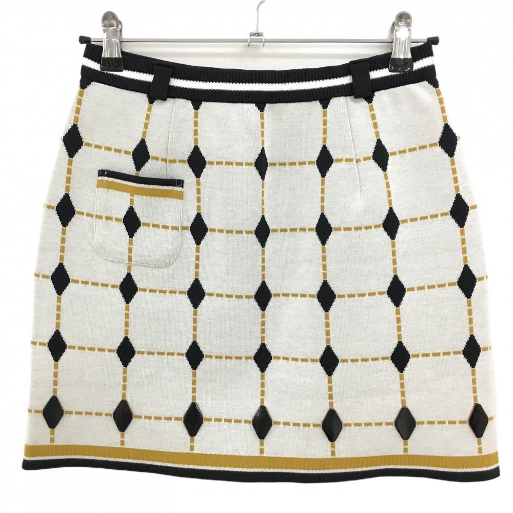 【超美品】アルチビオ ニットスカート 白×黒×ライトブラウン ダイヤ・格子柄  レディース 38(M) ゴルフウェア archivio