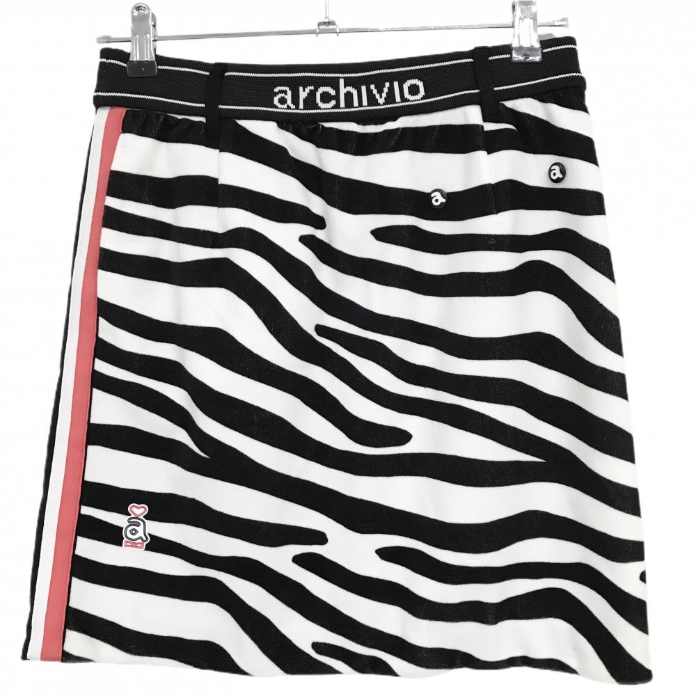 【超美品】アルチビオ スカート 黒×白 ゼブラ柄 ベロア調 ウエストゴム 前後リバーシブル レディース 38(M) ゴルフウェア archivio