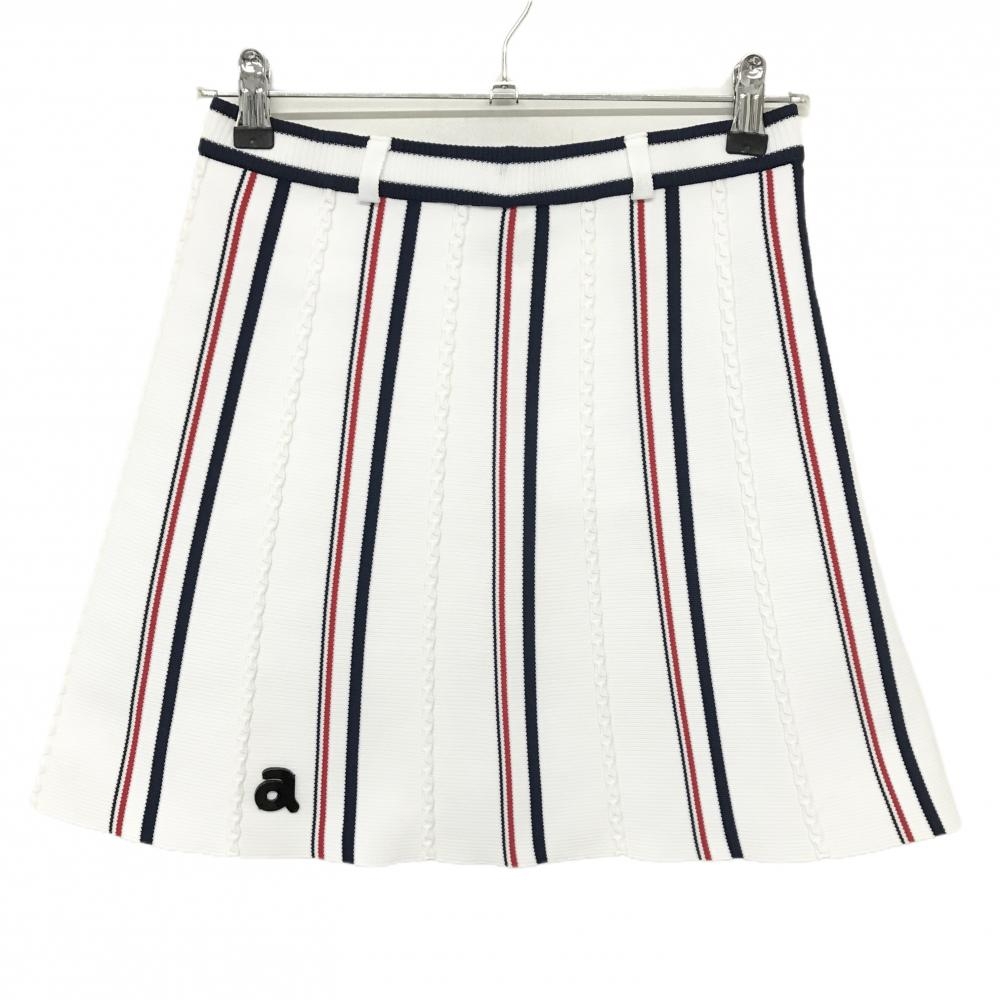 【超美品】アルチビオ ニットスカート 白×ネイビー×レッド ストライプ ウエストゴム 裾ロゴ レディース 38(M) ゴルフウェア archivio