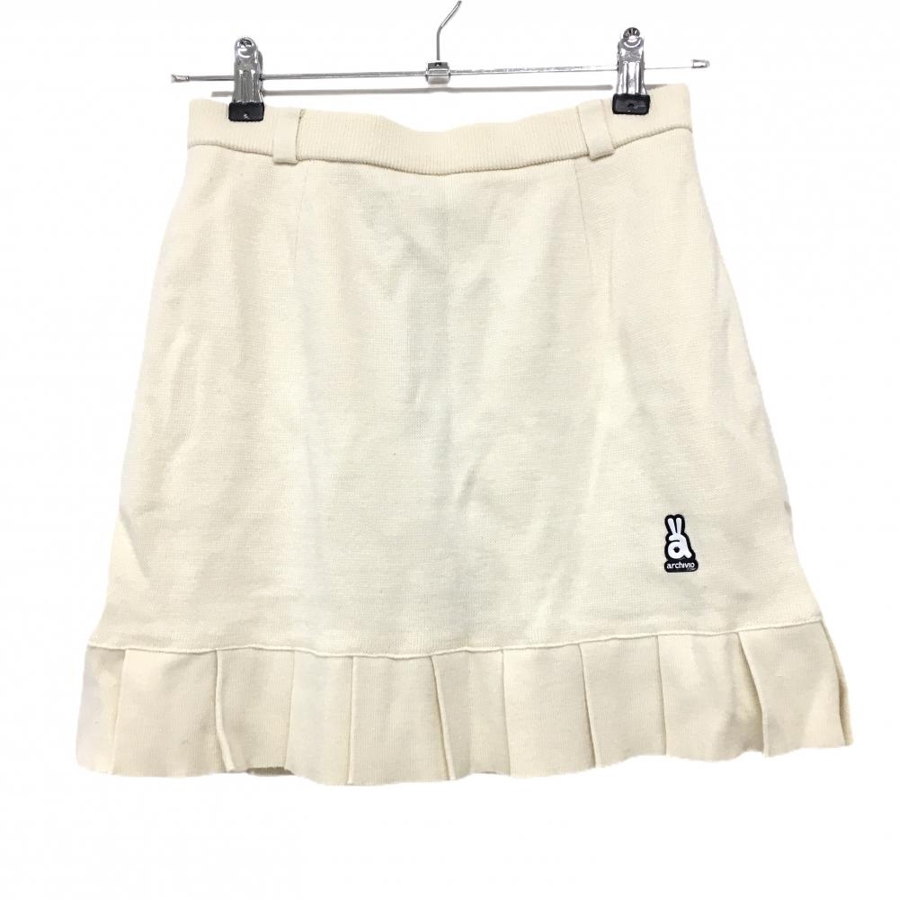 【超美品】アルチビオ ニットスカート アイボリー×白 裾プリーツ 後ろロゴライン ウール混 レディース 38(M) ゴルフウェア archivio
