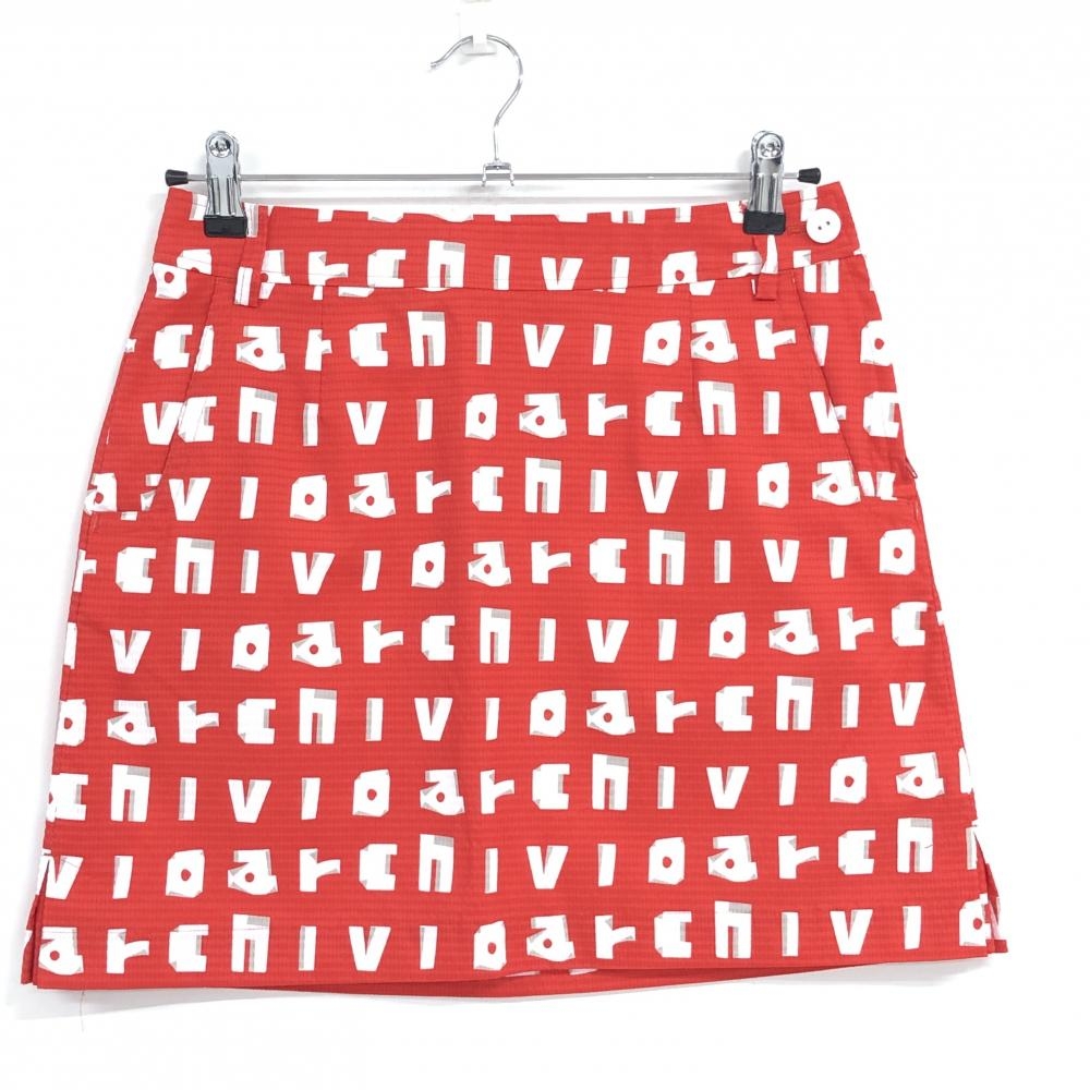 【美品】アルチビオ スカート レッド×白 ロゴ総柄 裏地付 ビーズ レディース 38(M) ゴルフウェア archivio