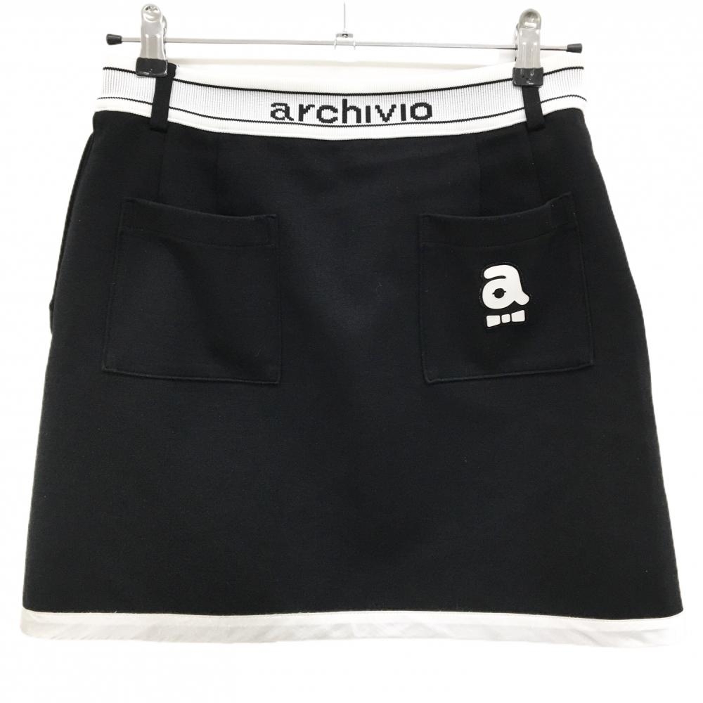アルチビオ スカート 黒×白 ウエスト後ろゴム 裾ロゴ レディース 38(M) ゴルフウェア archivio