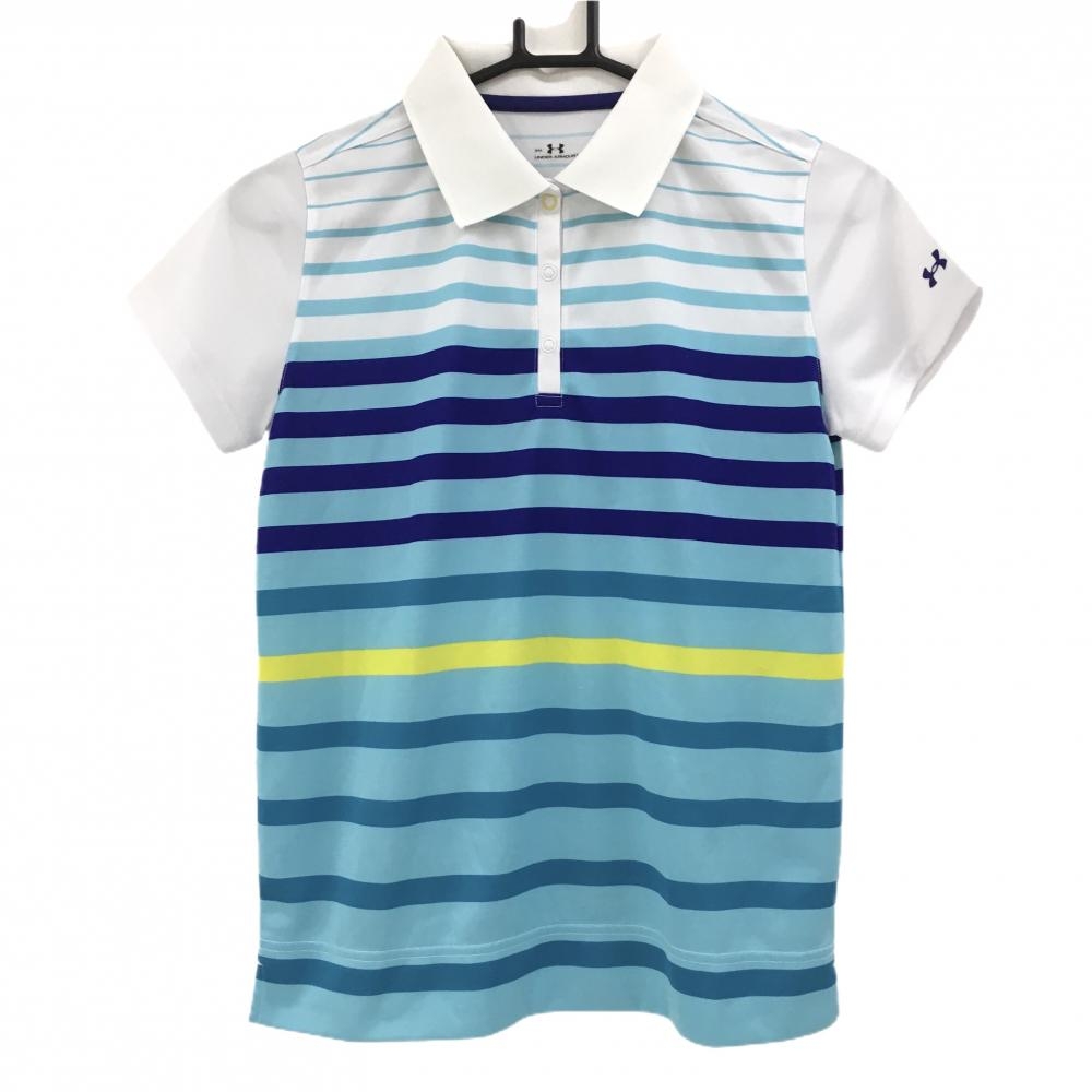【美品】アンダーアーマー 半袖ポロシャツ 白×ブルー ボーダー調 レディース SM ゴルフウェア UNDER ARMOUR