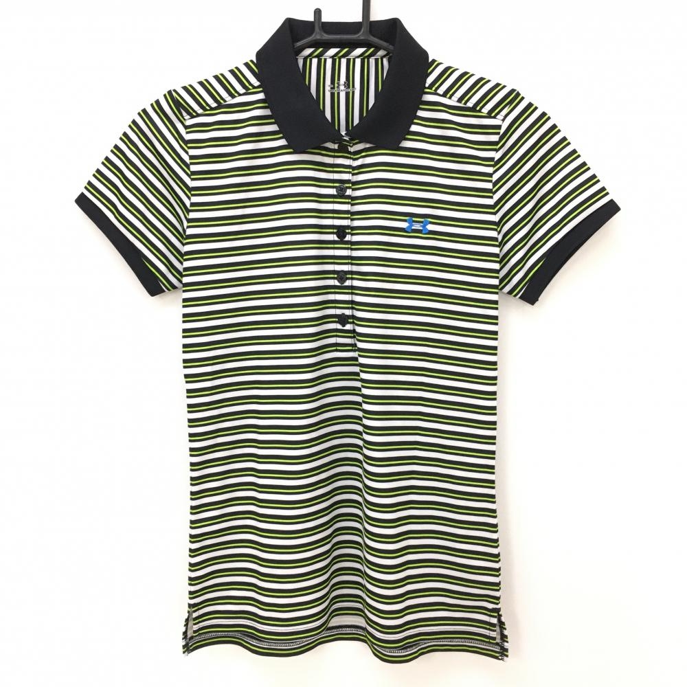 【超美品】アンダーアーマー 半袖ポロシャツ 白×黒 ボーダー 胸ロゴ刺しゅう  レディース MP ゴルフウェア UNDER ARMOUR