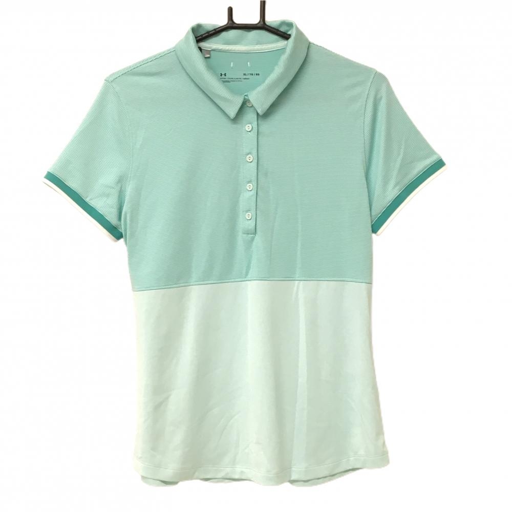アンダーアーマー 半袖ポロシャツ グリーン×白 上部細ボーダー レディース XL/TG/EG ゴルフウェア UNDER ARMOUR