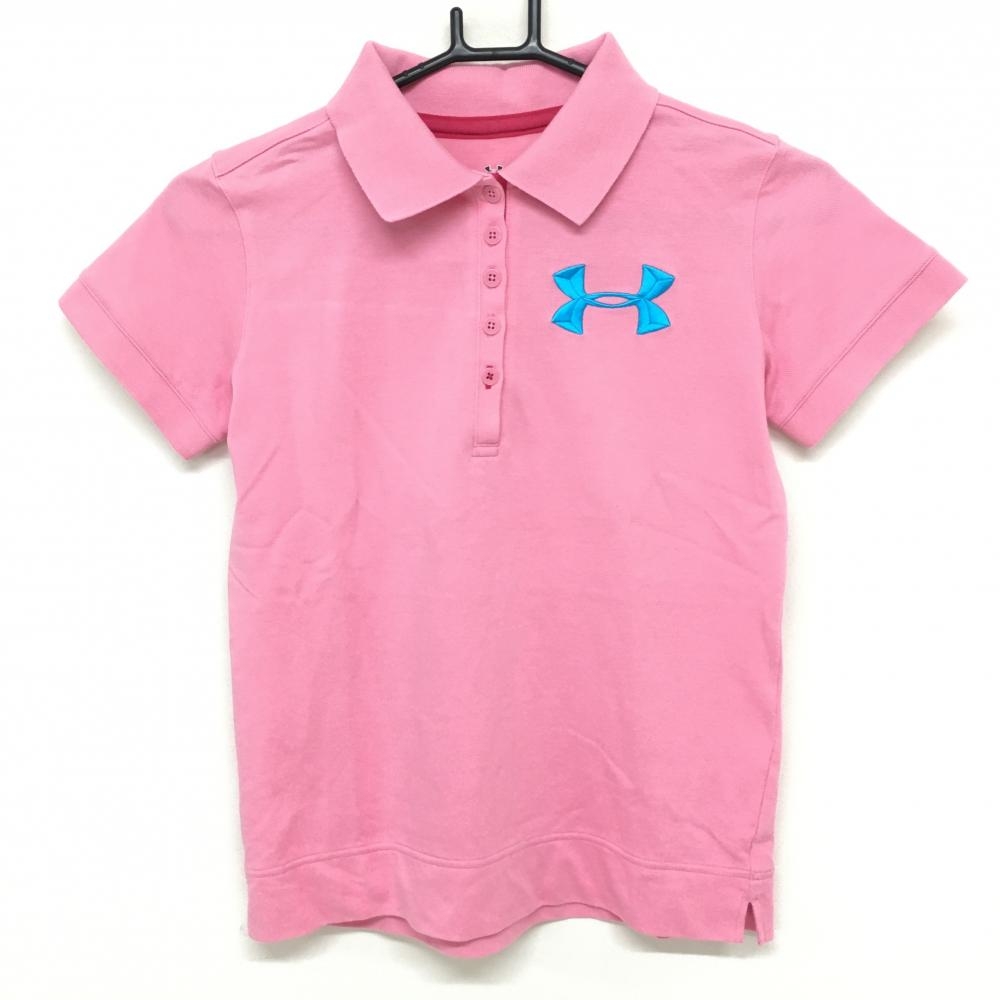 【超美品】アンダーアーマー 半袖ポロシャツ ピンク×ライトブルー 胸ロゴ刺しゅう レディース SM(S) ゴルフウェア UNDER ARMOUR