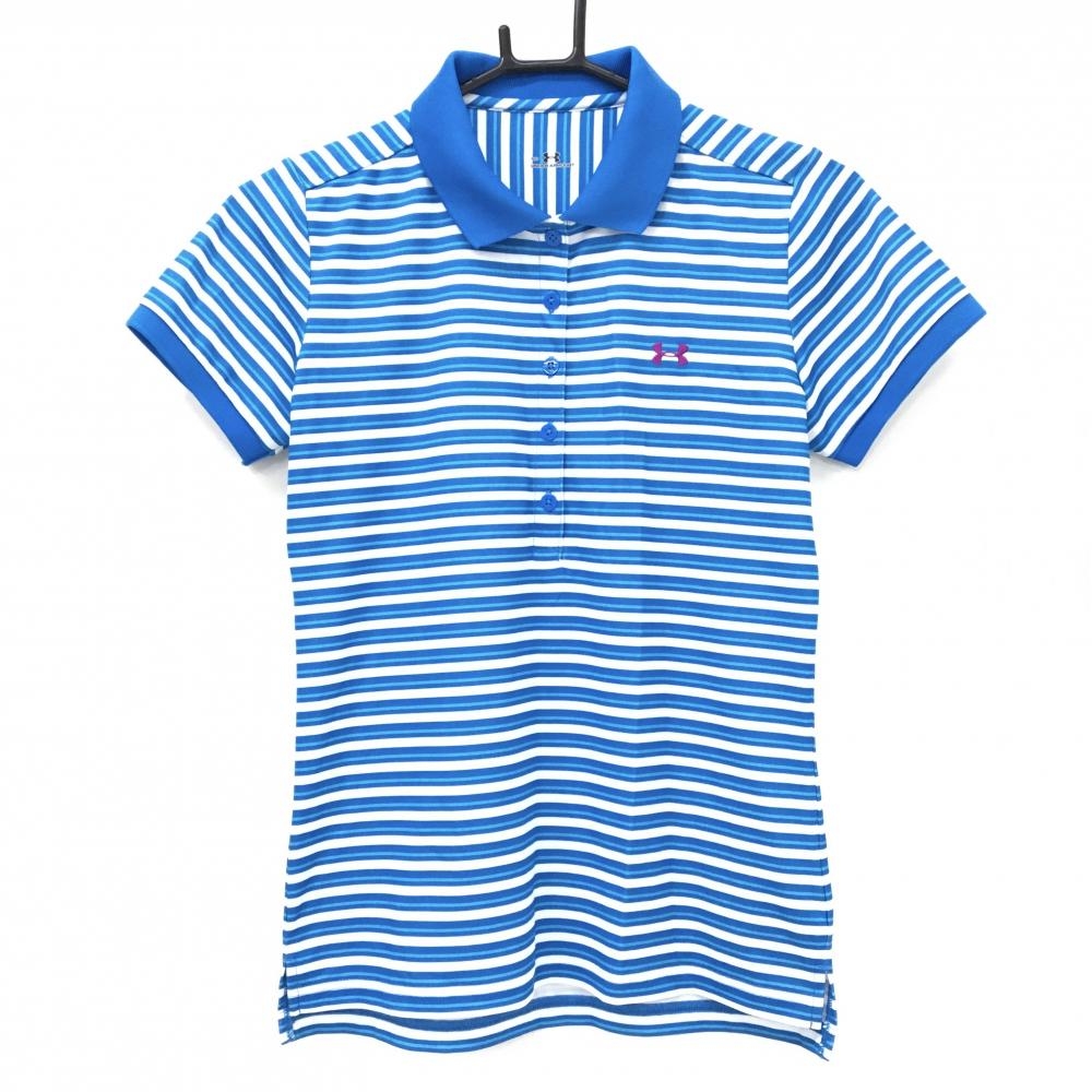 【超美品】アンダーアーマー 半袖ポロシャツ ブルー×白 ボーダー柄 ロゴパープル  レディース MD ゴルフウェア UNDER ARMOUR