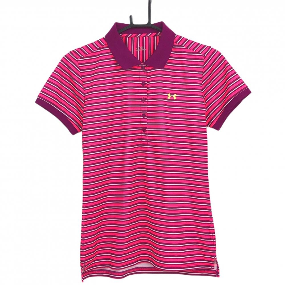 【超美品】アンダーアーマー 半袖ポロシャツ ピンク×パープル ボーダー ロゴ刺しゅう レディース LG ゴルフウェア UNDER ARMOUR