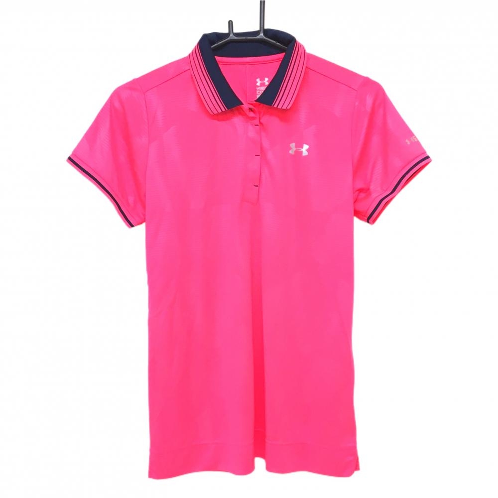 【美品】アンダーアーマー 半袖ポロシャツ 蛍光ピンク 総柄地模様 レディース LG ゴルフウェア UNDER ARMOUR