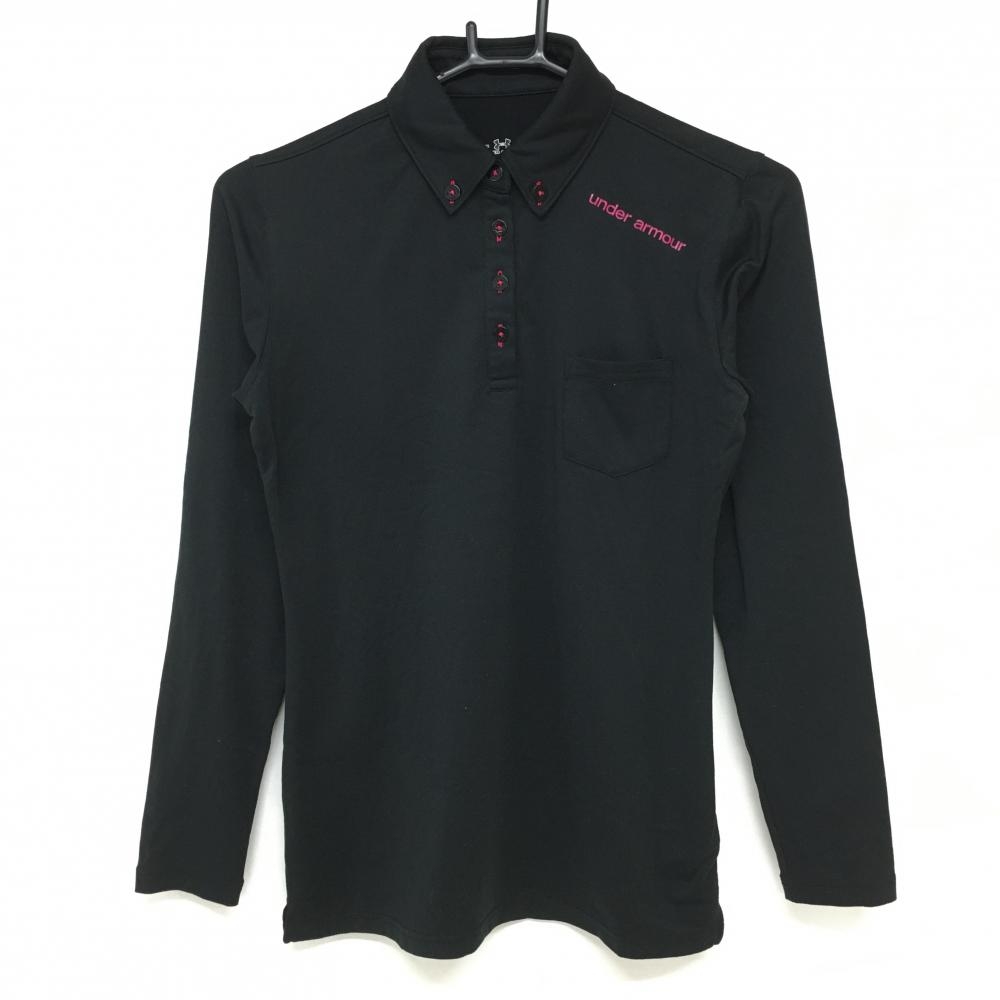 【超美品】アンダーアーマー 長袖ポロシャツ 黒×ピンク 後ろロゴプリント 胸ポケット  レディース SM ゴルフウェア UNDER ARMOUR