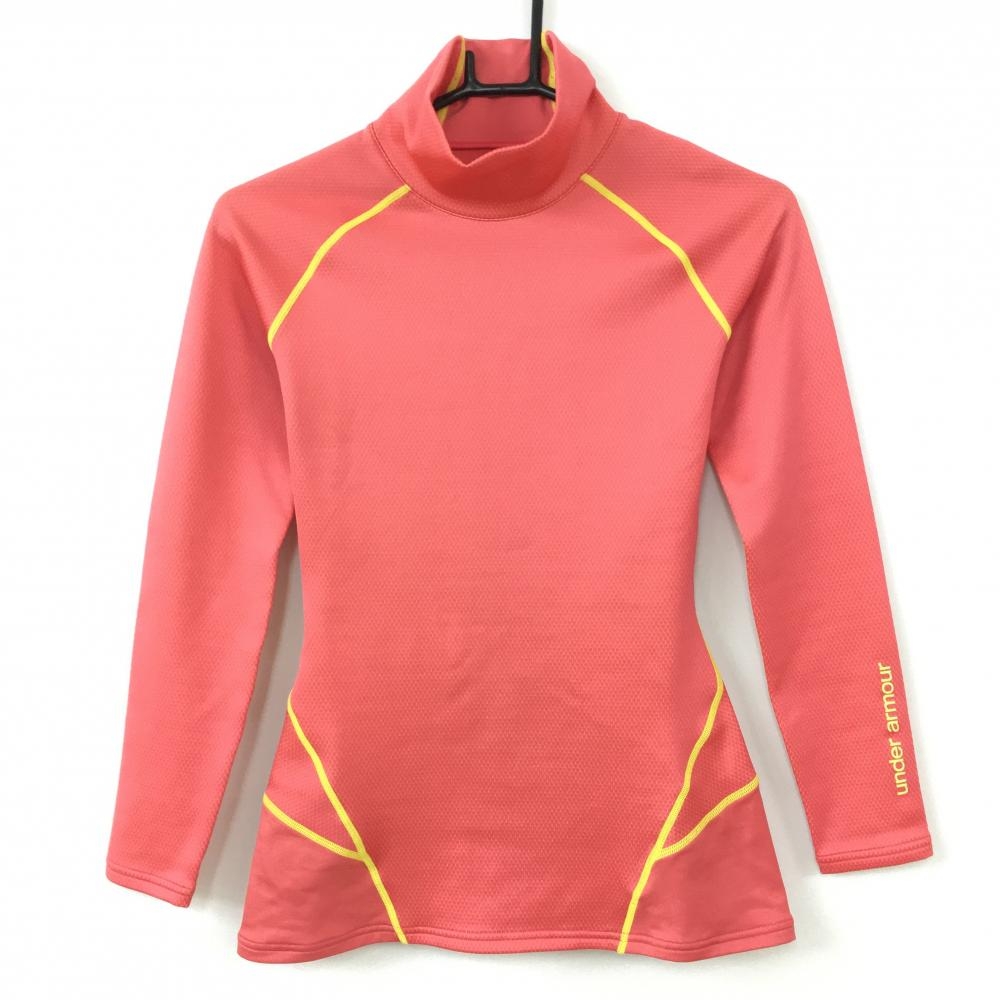 【美品】UNDER ARMOUR アンダーアーマー 裏起毛インナーシャツ サーモンピンク×イエロー 織生地  レディース MP ゴルフウェア