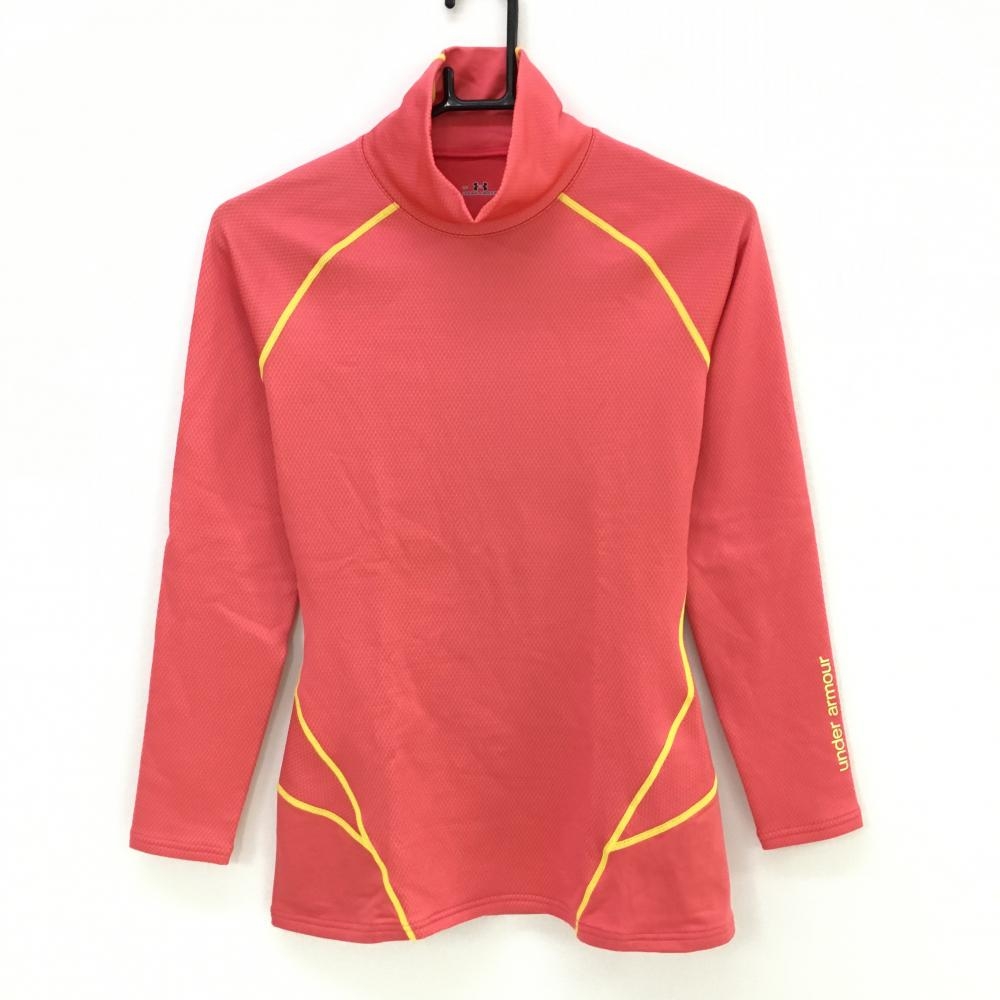【超美品】アンダーアーマー インナーシャツ ピンク×イエロー 織生地 裏微起毛 レディース LG ゴルフウェア UNDER ARMOUR