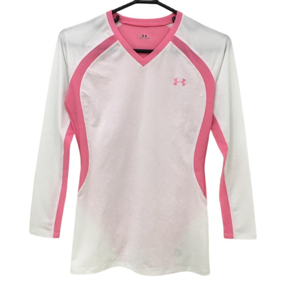 【超美品】アンダーアーマー インナーシャツ 白×ピンク 一部メッシュ レディース LG ゴルフウェア UNDER ARMOUR