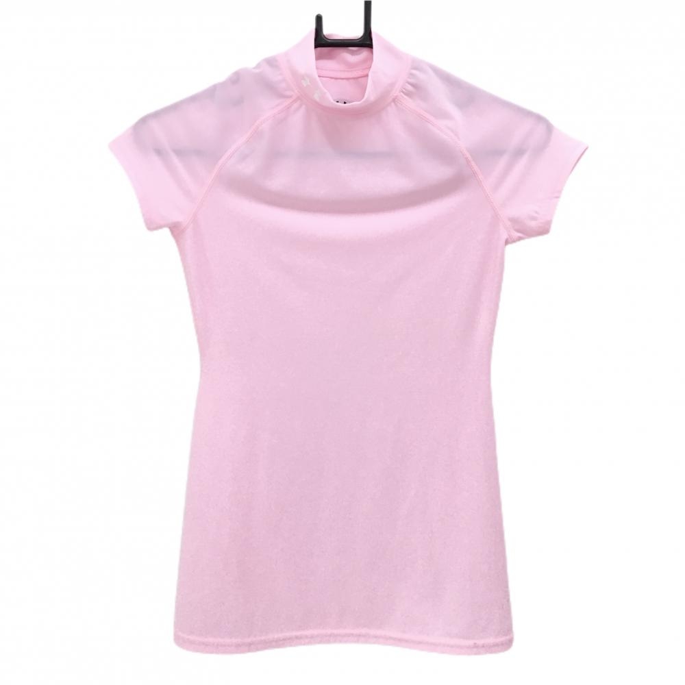 【美品】アンダーアーマー 半袖ハイネックインナーシャツ ピンク ストレッチ レディース SM ゴルフウェア UNDER ARMOUR