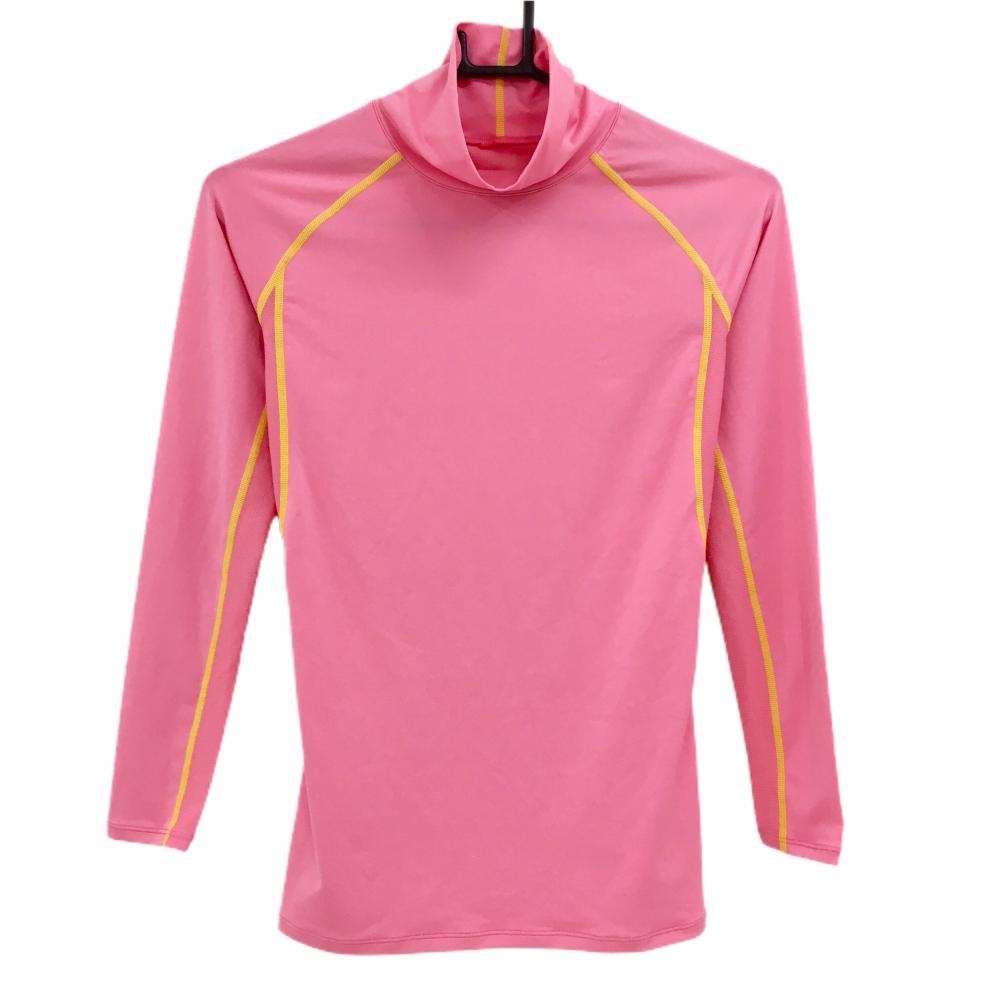 【超美品】アンダーアーマー ハイネックインナーシャツ ピンク×イエロー 背面メッシュ  レディース M ゴルフウェア UNDER ARMOUR