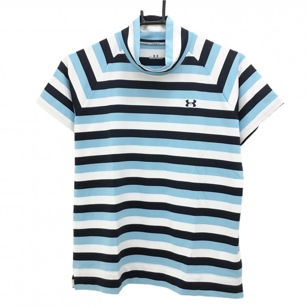 【超美品】アンダーアーマー 半袖ハイネックシャツ ライトブルー×ネイビー ボーダー レディース LG ゴルフウェア UNDER ARMOUR
