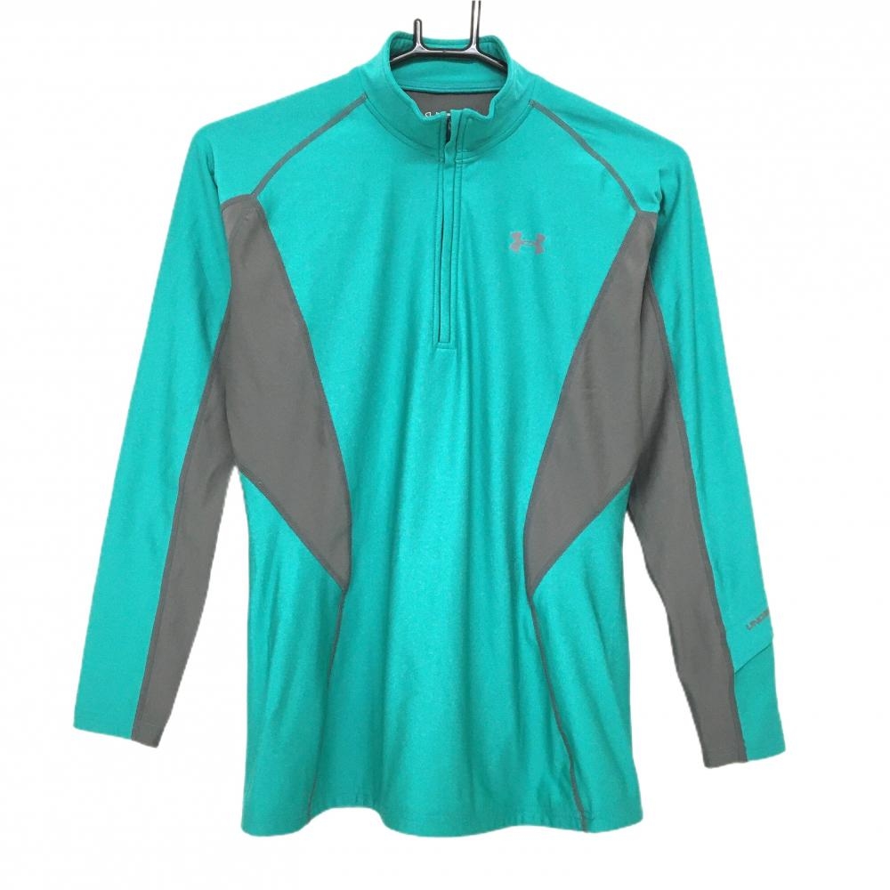 【美品】アンダーアーマー 長袖ハイネックシャツ グリーン×グレー ハーフジップ ストレッチ  レディース M ゴルフウェア UNDER ARMOUR