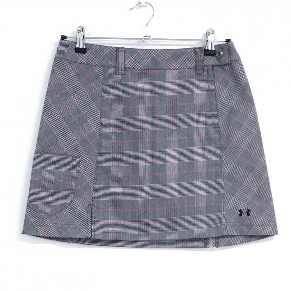 【超美品】アンダーアーマー スカート グレー×ピンク グレンチェック ストレッチ  レディース MD ゴルフウェア UNDER ARMOUR