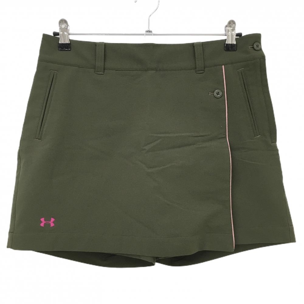 【超美品】アンダーアーマー キュロットスカート カーキ ロゴピンク レディース LG ゴルフウェア UNDER ARMOUR