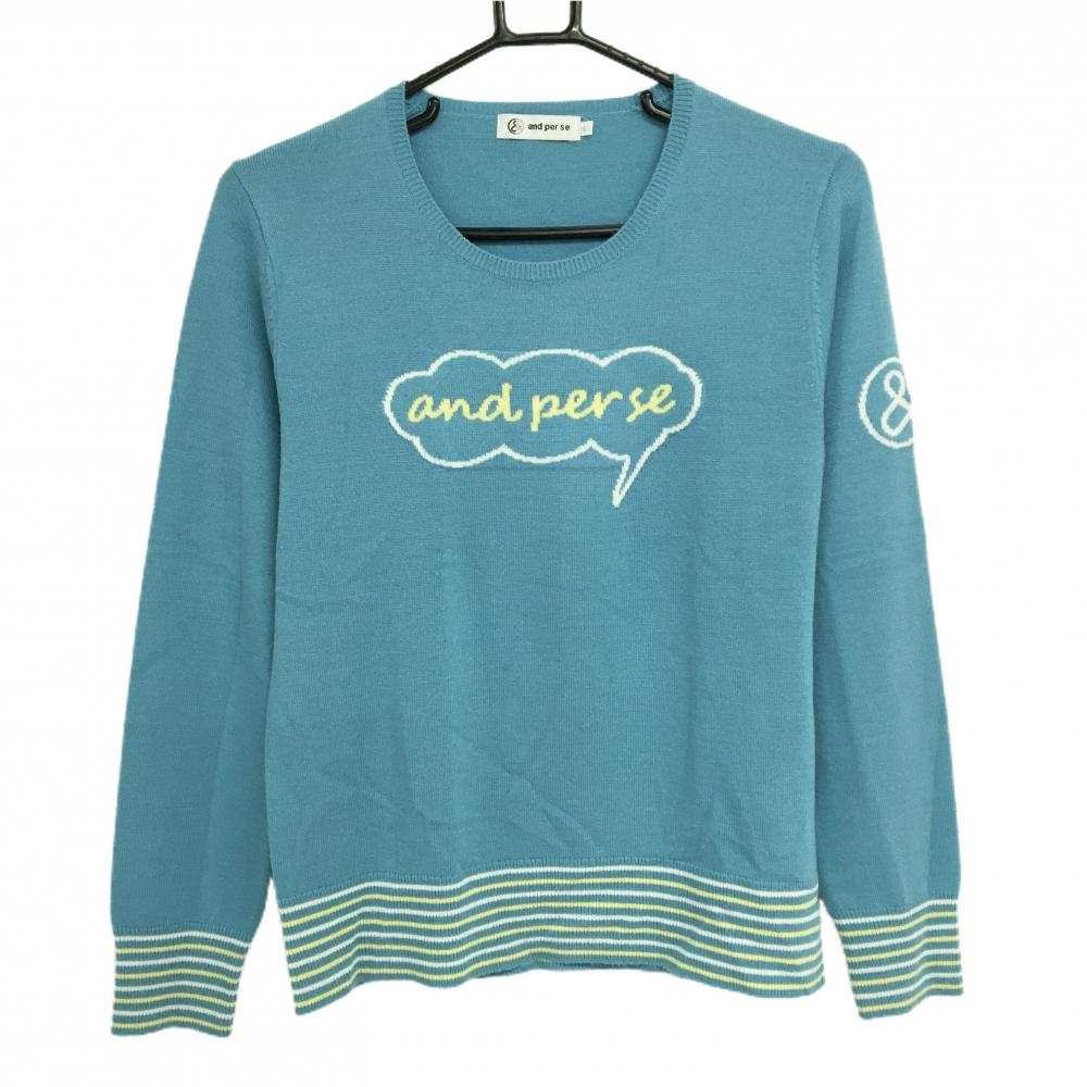 【美品】アンパスィ セーター ライトブルー×白×ライトイエロー 袖口・裾ボーダー ウール混 薄手 レディース L ゴルフウェア and per se