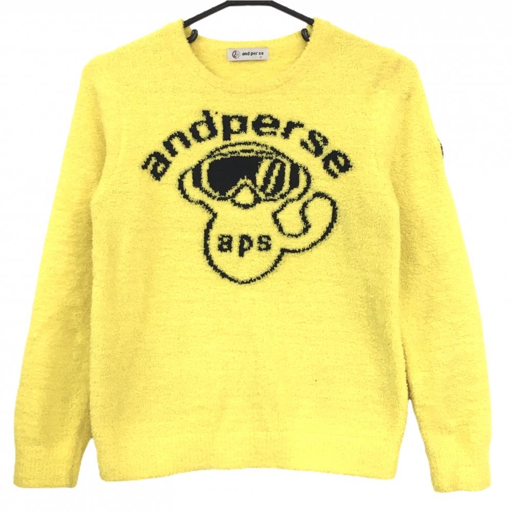 【美品】アンパスィ セーター イエロー×黒 ボア フロントロゴ ニット レディース M ゴルフウェア and per se