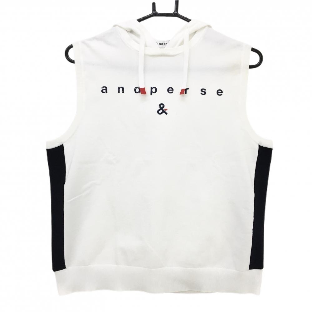 アンパスィ フード付ニットベスト 白×ネイビー ストレッチ レディース LL ゴルフウェア and per se