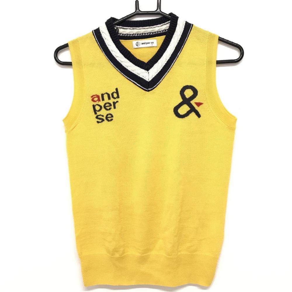 【美品】アンパスィ ニットベスト イエロー×ダークネイビー 胸ロゴ ウール混 Vネック レディース M ゴルフウェア and per se