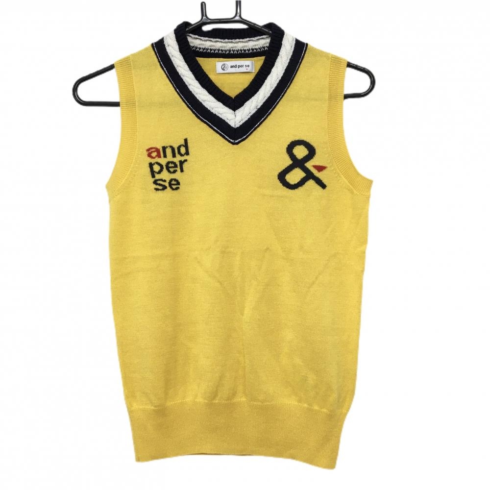 【美品】アンパスィ ニットベスト イエロー×ネイビー 襟元ケーブル編み ウール混  レディース M ゴルフウェア and per se