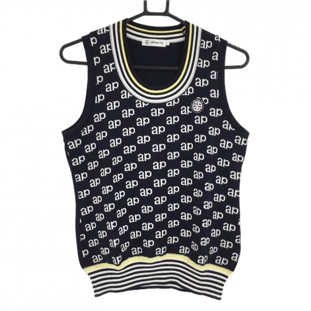 【美品】アンパスィ ニットベスト ダークネイビー×白 前英字柄 胸ロゴ レディース L ゴルフウェア and per se