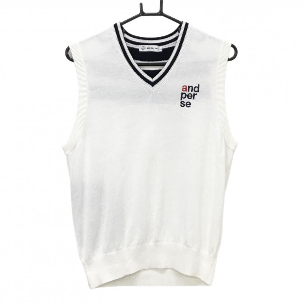 【超美品】アンパスィ ニットベスト 白×ネイビー 胸ロゴ Vネック レディース M ゴルフウェア サンプル品 and per se