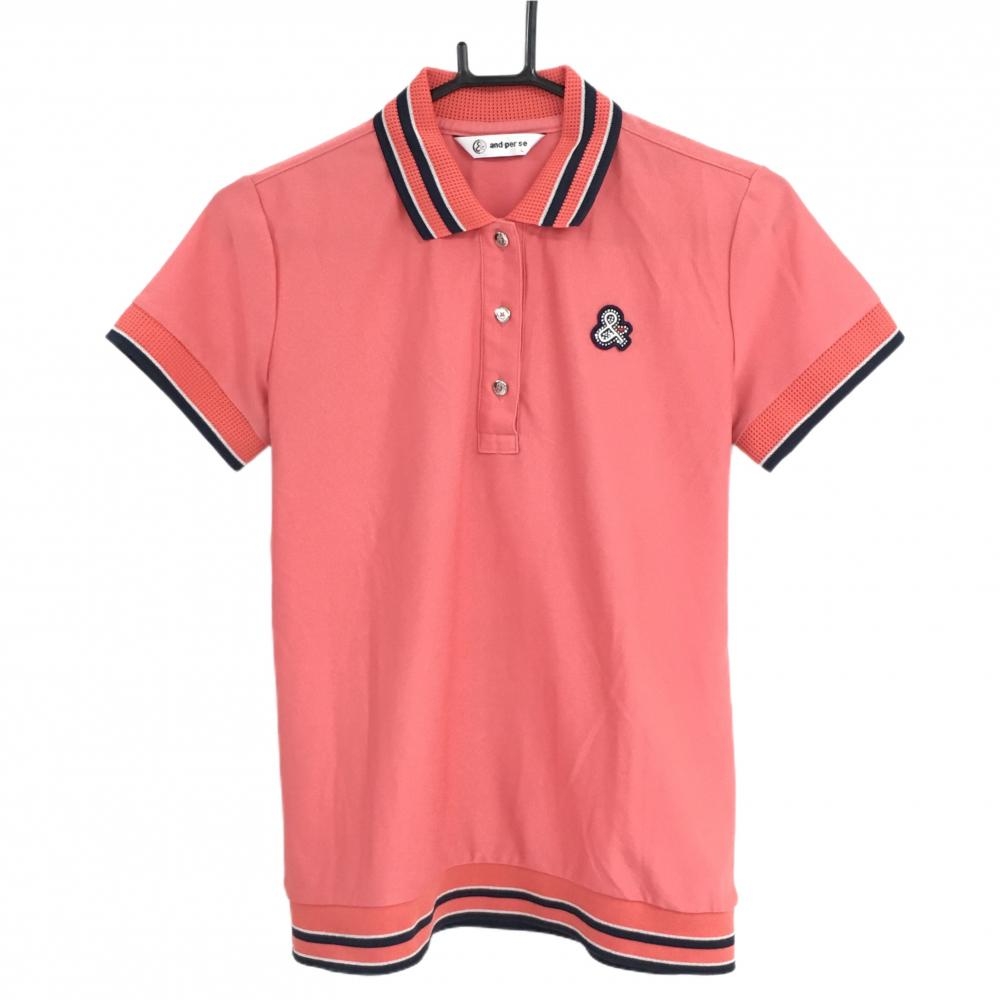 【超美品】アンパスィ 半袖ポロシャツ　ライトオレンジ 襟・袖口ニット レディース L ゴルフウェア and per se