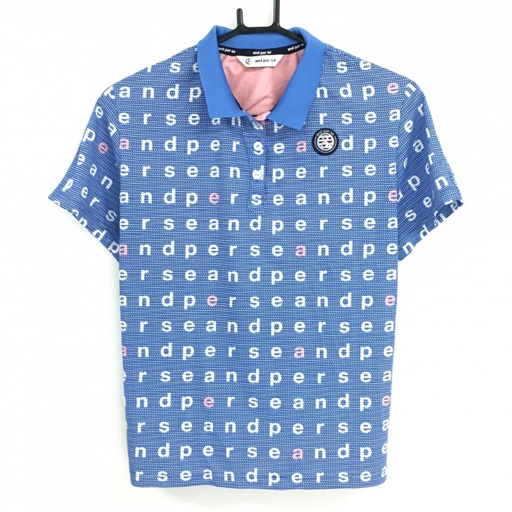 【美品】アンパスィ 半袖ポロシャツ ブルー×白 ロゴ総柄 ワッペン レディース L ゴルフウェア and per se