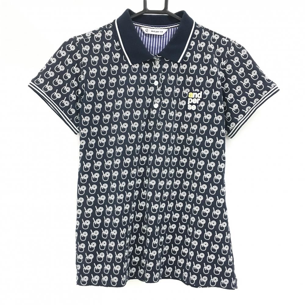 アンパスィ 半袖ポロシャツ ネイビー×白 ジュース柄 総柄 レディース L ゴルフウェア and per se