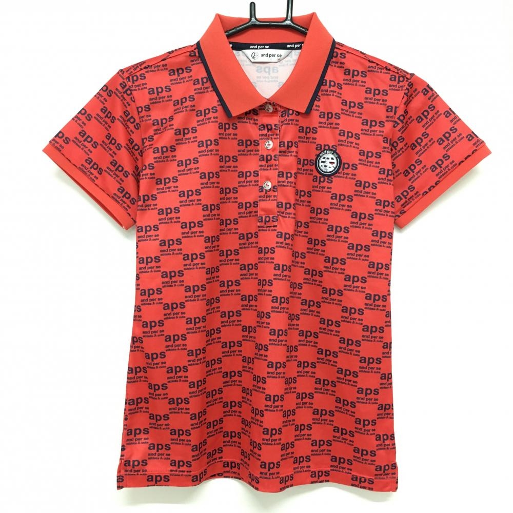 【超美品】アンパスィ 半袖ポロシャツ レッド×ネイビー ロゴ総柄 レディース M ゴルフウェア and per se