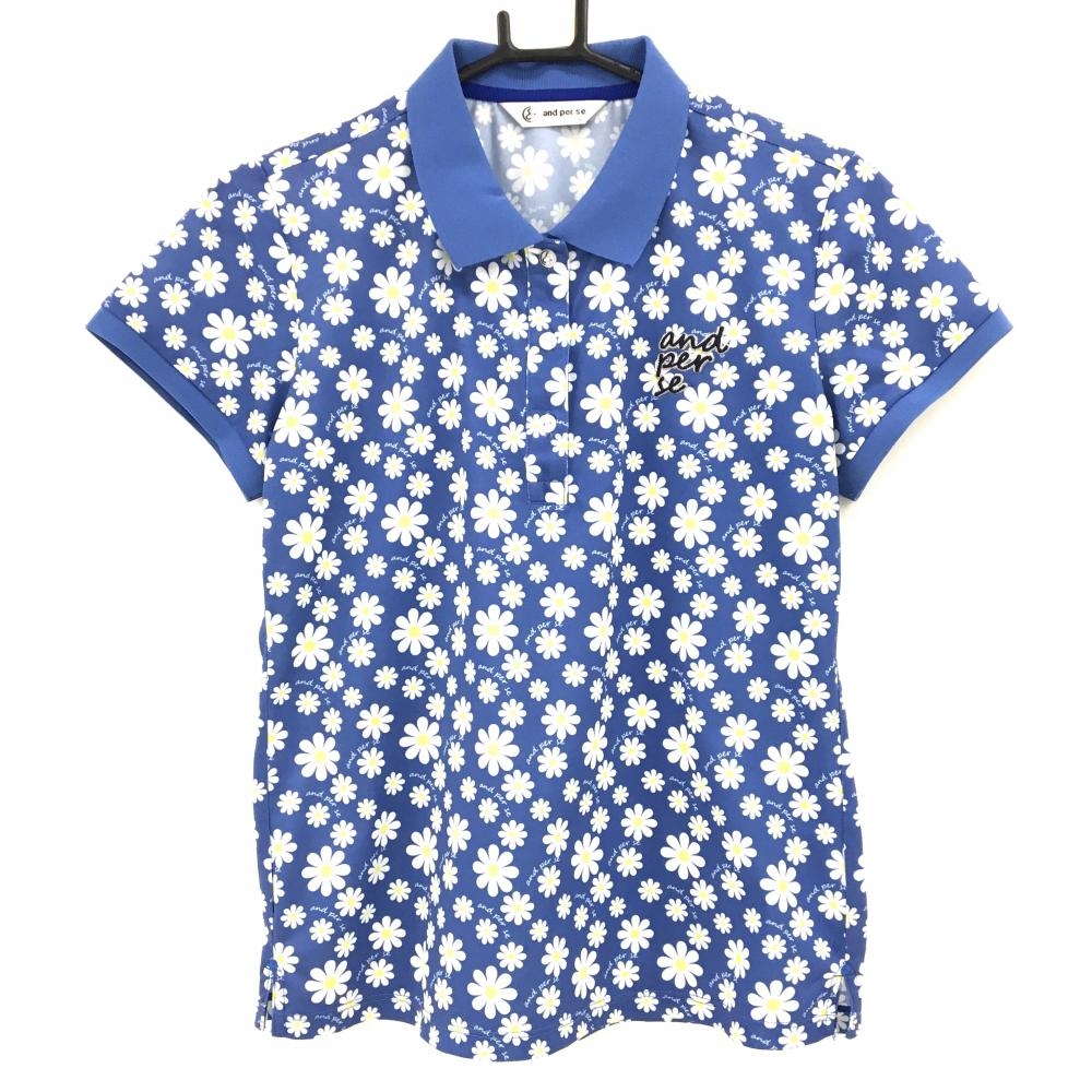 【超美品】アンパスィ 半袖ポロシャツ スモーキーブルー×白×イエロー 花柄 胸ロゴ刺しゅう レディース L ゴルフウェア and per se