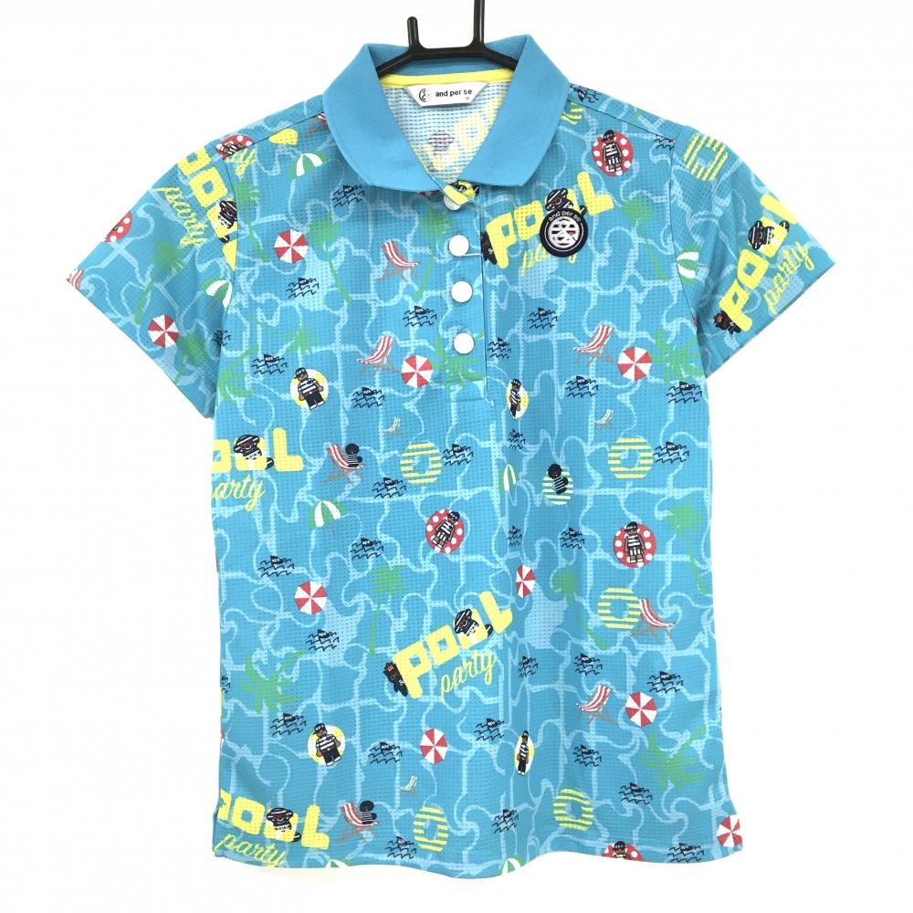 【新品】アンパスィ 半袖ポロシャツ ライトブルー系×マルチカラー 総柄 POOLparty レディース M ゴルフウェア and per se