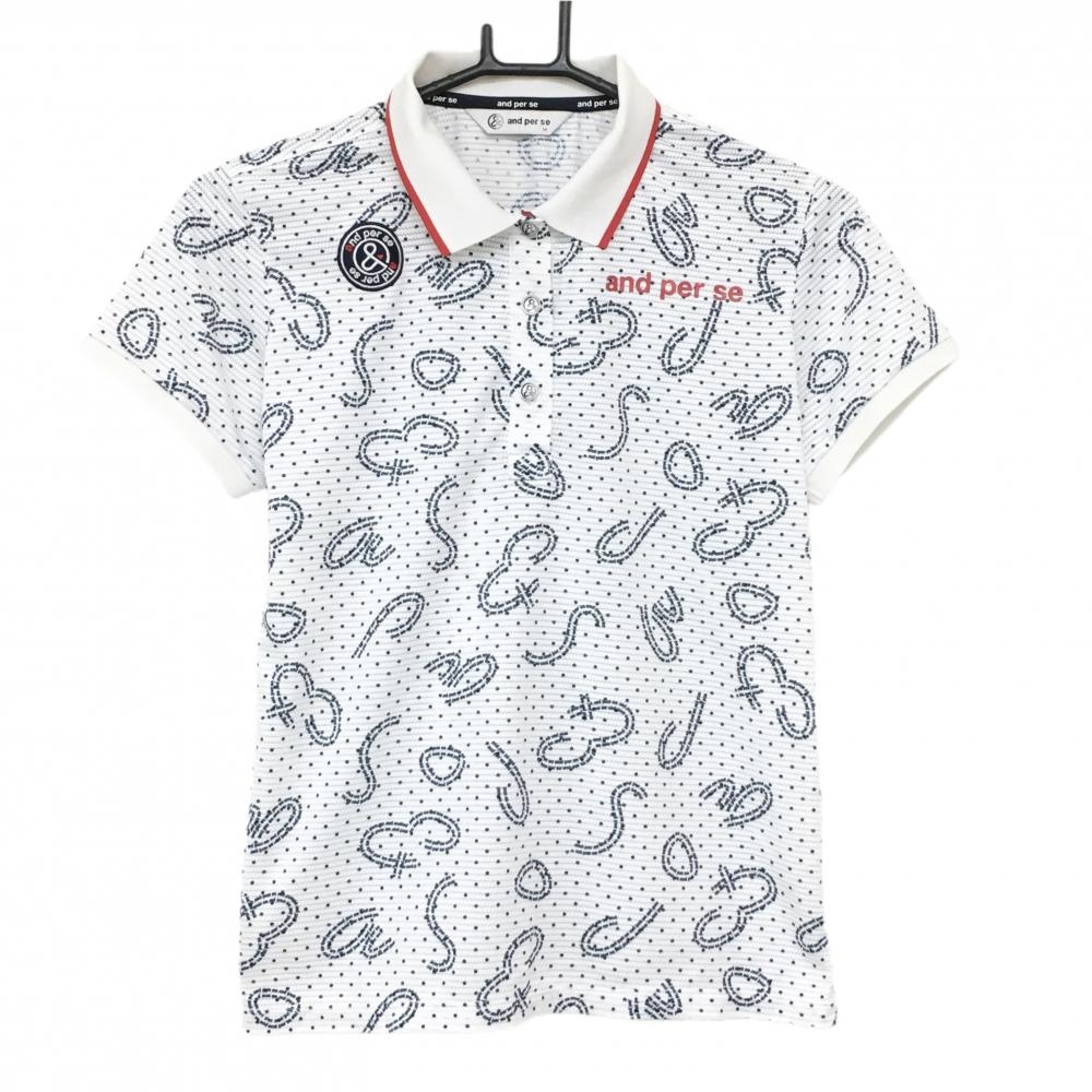 【超美品】アンパスィ 半袖ポロシャツ 白×ネイビー 総柄 ドット  レディース M ゴルフウェア and per se