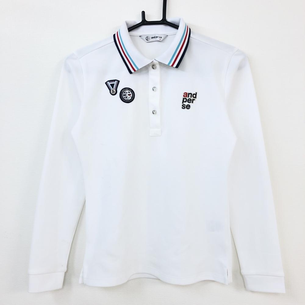 And Per Se アンパスィ 長袖ポロシャツ 白 ネイビー ワッペン 襟裏総柄 レディース M ゴルフウェア 中古ゴルフウェア通販サイトreonard レオナード