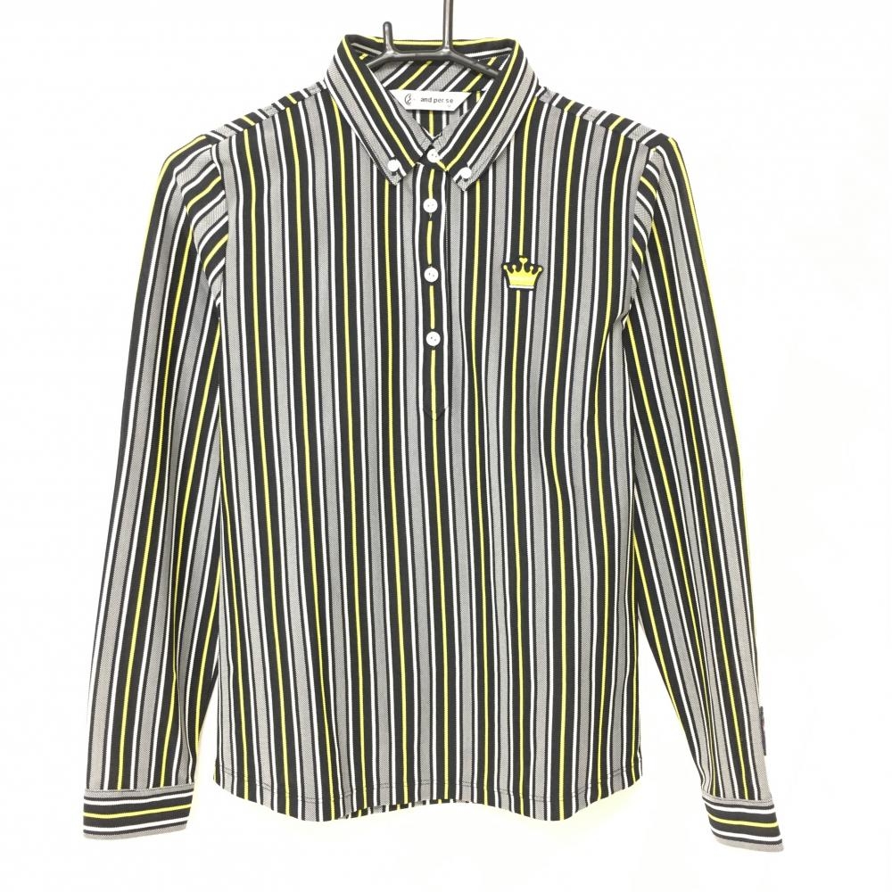 【超美品】アンパスィ 長袖ポロシャツ 黒×イエロー×白 ストライプ ボタンダウン レディース M ゴルフウェア and per se